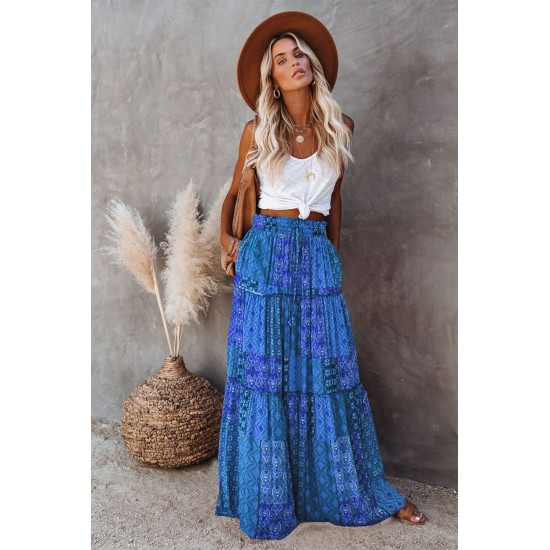 Tiered Paisley Print Pocketed Maxi Skirt