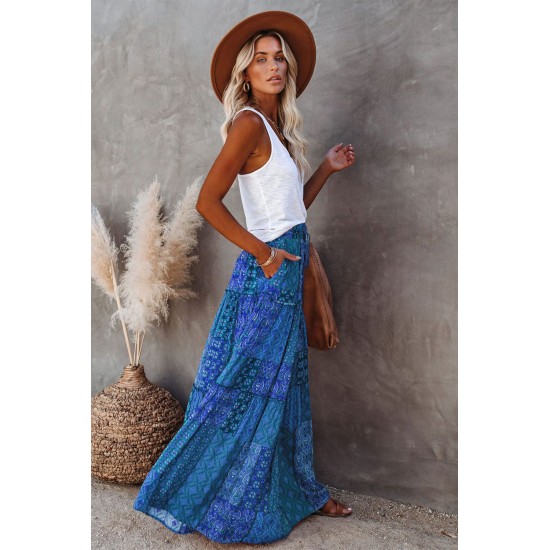 Tiered Paisley Print Pocketed Maxi Skirt