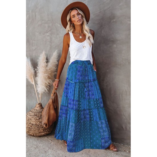 Tiered Paisley Print Pocketed Maxi Skirt