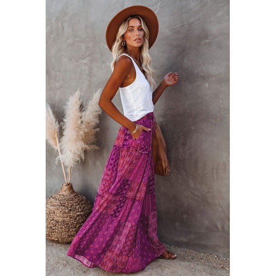 Purple Tiered Paisley Print Pocketed Maxi Skirt