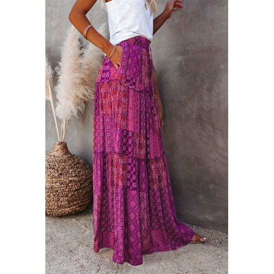 Purple Tiered Paisley Print Pocketed Maxi Skirt