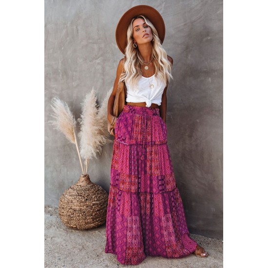 Purple Tiered Paisley Print Pocketed Maxi Skirt