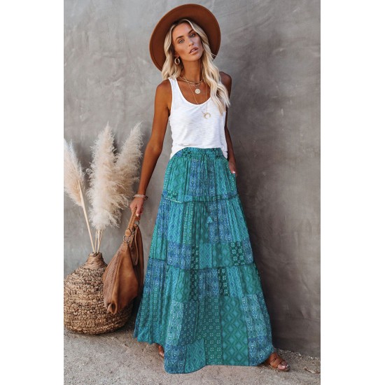 Green Tiered Paisley Print Pocketed Maxi Skirt