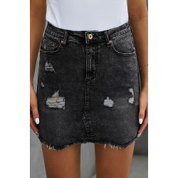 Black Distressed Raw Hem Denim Skirt