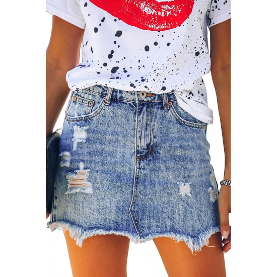 Sky Blue Distressed Raw Hem Denim Skirt