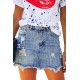 Sky Blue Distressed Raw Hem Denim Skirt