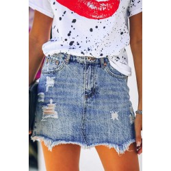 Sky Blue Distressed Raw Hem Denim Skirt