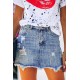 Sky Blue Distressed Raw Hem Denim Skirt