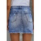 Blue Distressed Raw Hem Denim Skirt