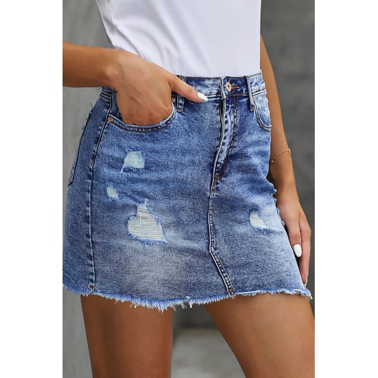 Blue Distressed Raw Hem Denim Skirt