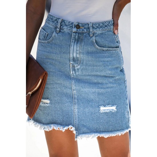 Sky Blue Pocketed Raw Hemline Short Denim Skirt