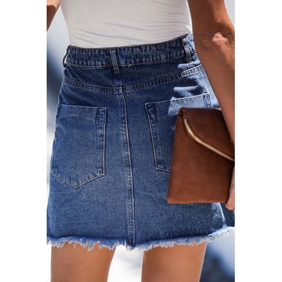 Blue Pocketed Raw Hemline Short Denim Skirt