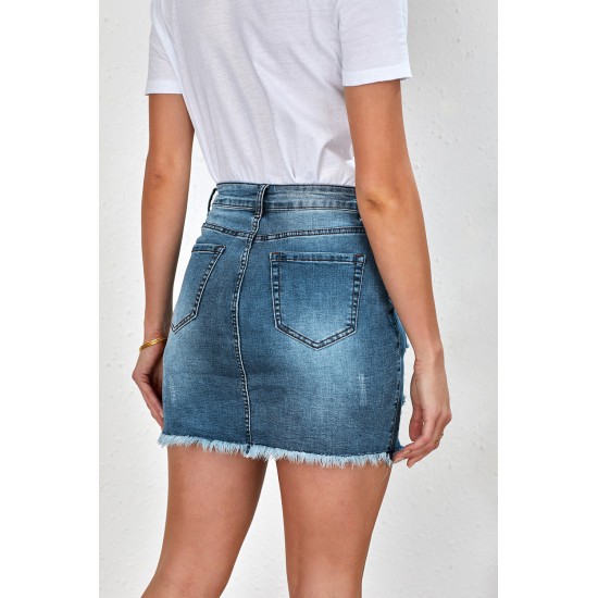 Blue Distressed Raw Hem Denim Mini Skirt