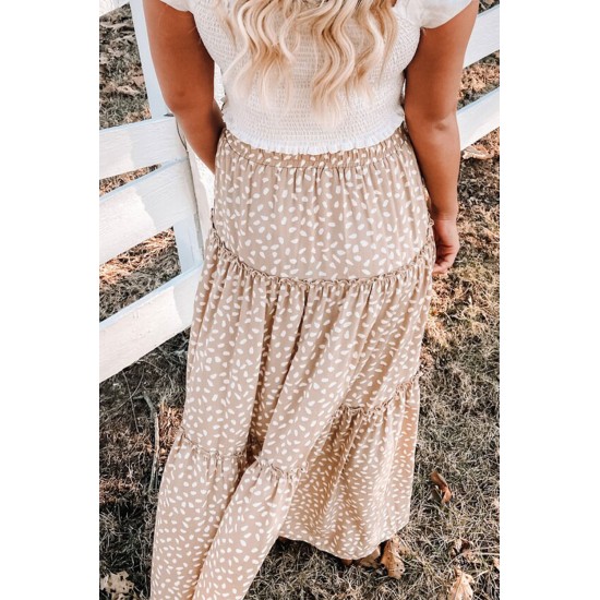 Smocked Ruffled Tiered Spots High Waist Maxi Skirt