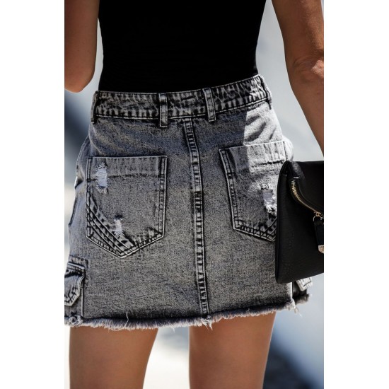 Black High Waist Distressed Denim Mini Skirt with Pocket