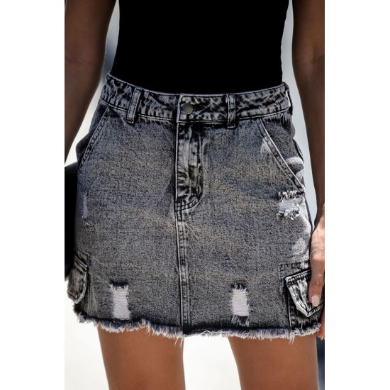 Black High Waist Distressed Denim Mini Skirt with Pocket