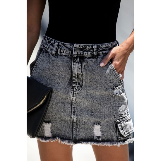 Black High Waist Distressed Denim Mini Skirt with Pocket