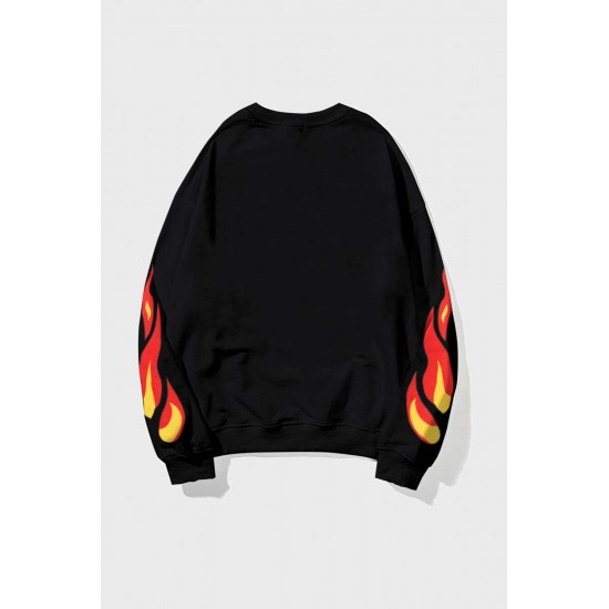 Black Letters Flame Print Crew Neck Men's Graphic Sweatshirt