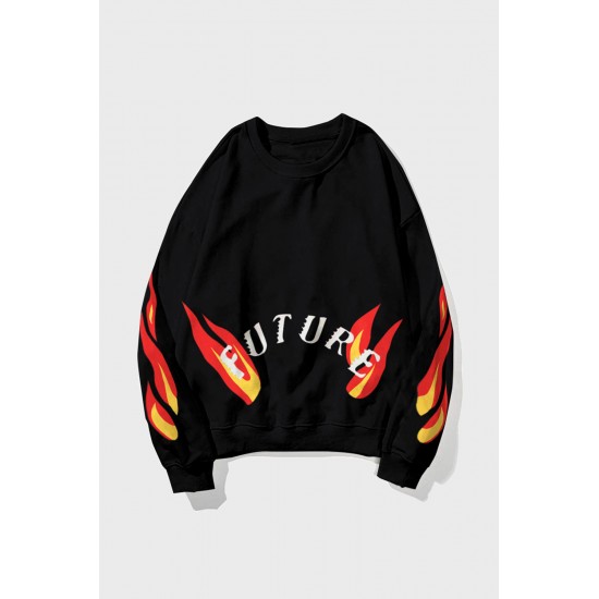 Black Letters Flame Print Crew Neck Men's Graphic Sweatshirt