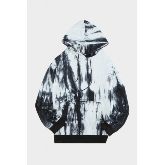 White Tie-dyed Print Kangaroo Pocket Men's Hoodie