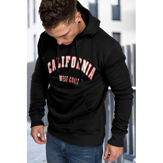 Black Letter Print Men's Hoodie with Kangaroo Pocket