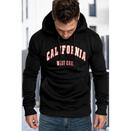 Black Letter Print Men's Hoodie with Kangaroo Pocket