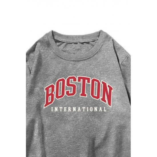 Gray BOSTON Letters Print Crew Neck Men's Pullover Sweatshirt