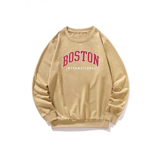 Khaki BOSTON Letters Print Crew Neck Men's Pullover Sweatshirt