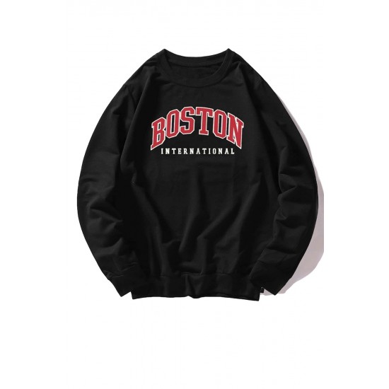 Black BOSTON Letters Print Crew Neck Men's Pullover Sweatshirt