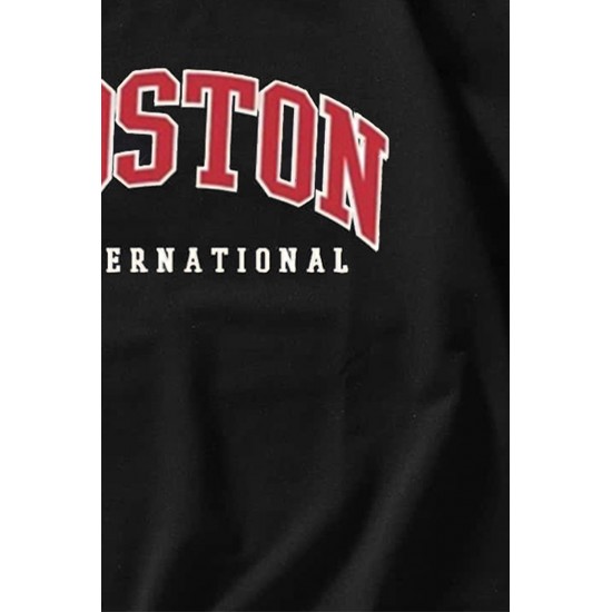 Black BOSTON Letters Print Crew Neck Men's Pullover Sweatshirt