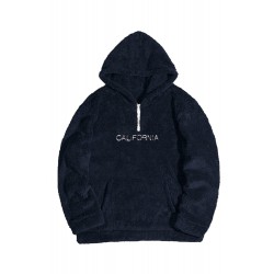 Blue Letter Embroidered Quarter Zip Men's Sherpa Hoodie