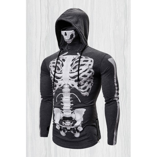 Gray Halloween Skeleton Print Slim-fit Men's Graphic Hoodie