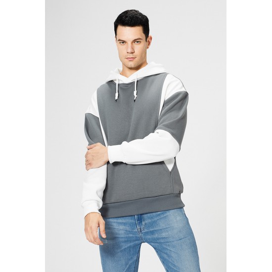 White Men Colorblock Pullover Long Sleeve Hoodie