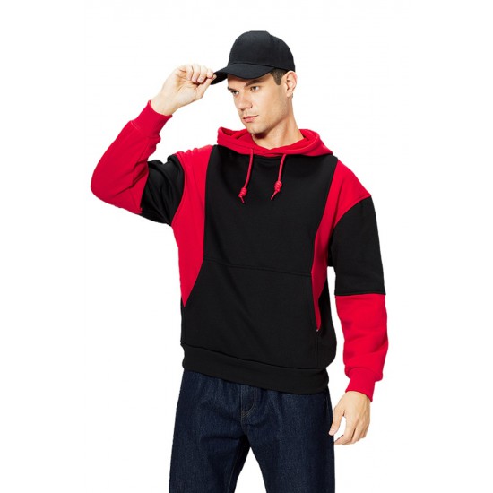 Red Men Colorblock Pullover Long Sleeve Hoodie