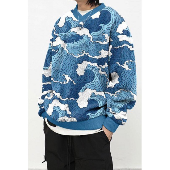 Wave Themed Pattern Men Pullover Hoodie