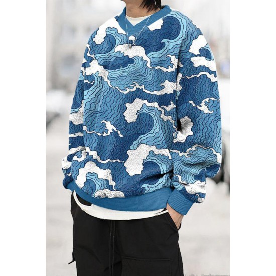 Wave Themed Pattern Men Pullover Hoodie