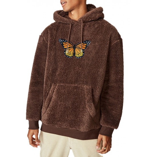 Brown Graphic Print Kangaroo Pocket Men's Plush Hoodie