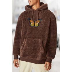 Brown Graphic Print Kangaroo Pocket Men's Plush Hoodie