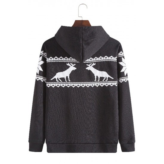 Black Christmas Reindeer Graphic Print Zip Up Men's Hoodie