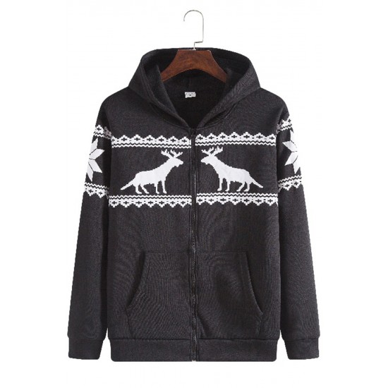 Black Christmas Reindeer Graphic Print Zip Up Men's Hoodie