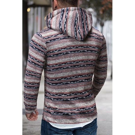 Red Tribal Print Kangaroo Pocket Men's Pullover Hoodie