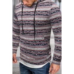 Red Tribal Print Kangaroo Pocket Men's Pullover Hoodie