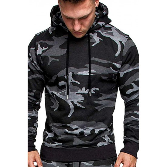 Men Camouflage Print & Drawstring Hoodie Tracksuit