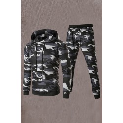 Men Camouflage Print & Drawstring Hoodie Tracksuit