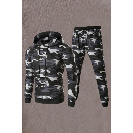 Men Camouflage Print & Drawstring Hoodie Tracksuit