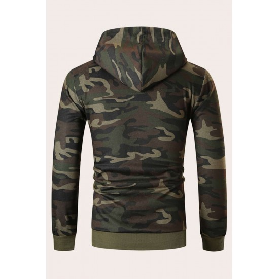 Men Camouflage Print & Drawstring Hoodie Tracksuit