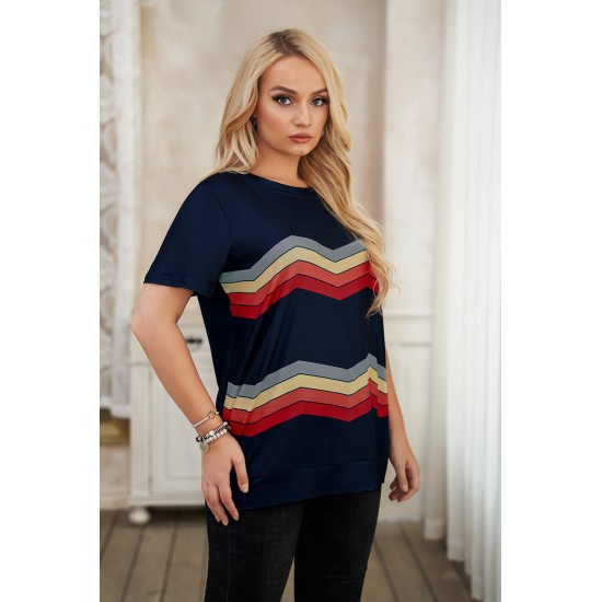 Navy Colorful Stripes Print Short Sleeve Plus Size Top