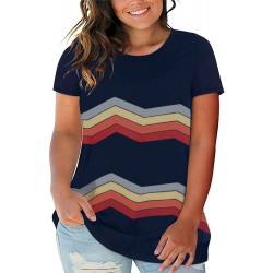 Navy Colorful Stripes Print Short Sleeve Plus Size Top