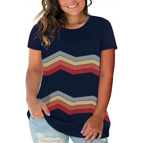 Navy Colorful Stripes Print Short Sleeve Plus Size Top