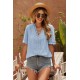 Sky Blue Lace Splicing V-Neck Swiss Dot Short Sleeve Top